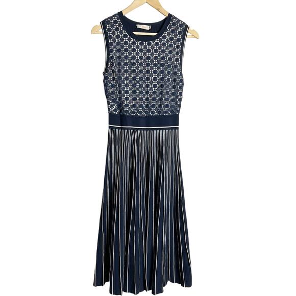 Tory Burch Navy Blue Sleeveless Pleated Knit Crewneck Midi Sweater Dress Size XS - Picture 4 of 13